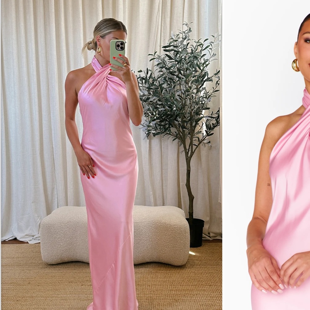 Show Me Your Mumu Jasmine Halter Maxi Dress in Light Pink Luxe Satin